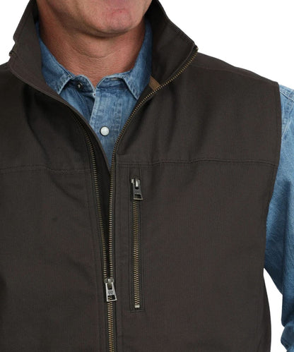 Cinch Men's Concealed Carry Brown Canvas Vest Front Chest featuring the mock collar and zippered chest pocket