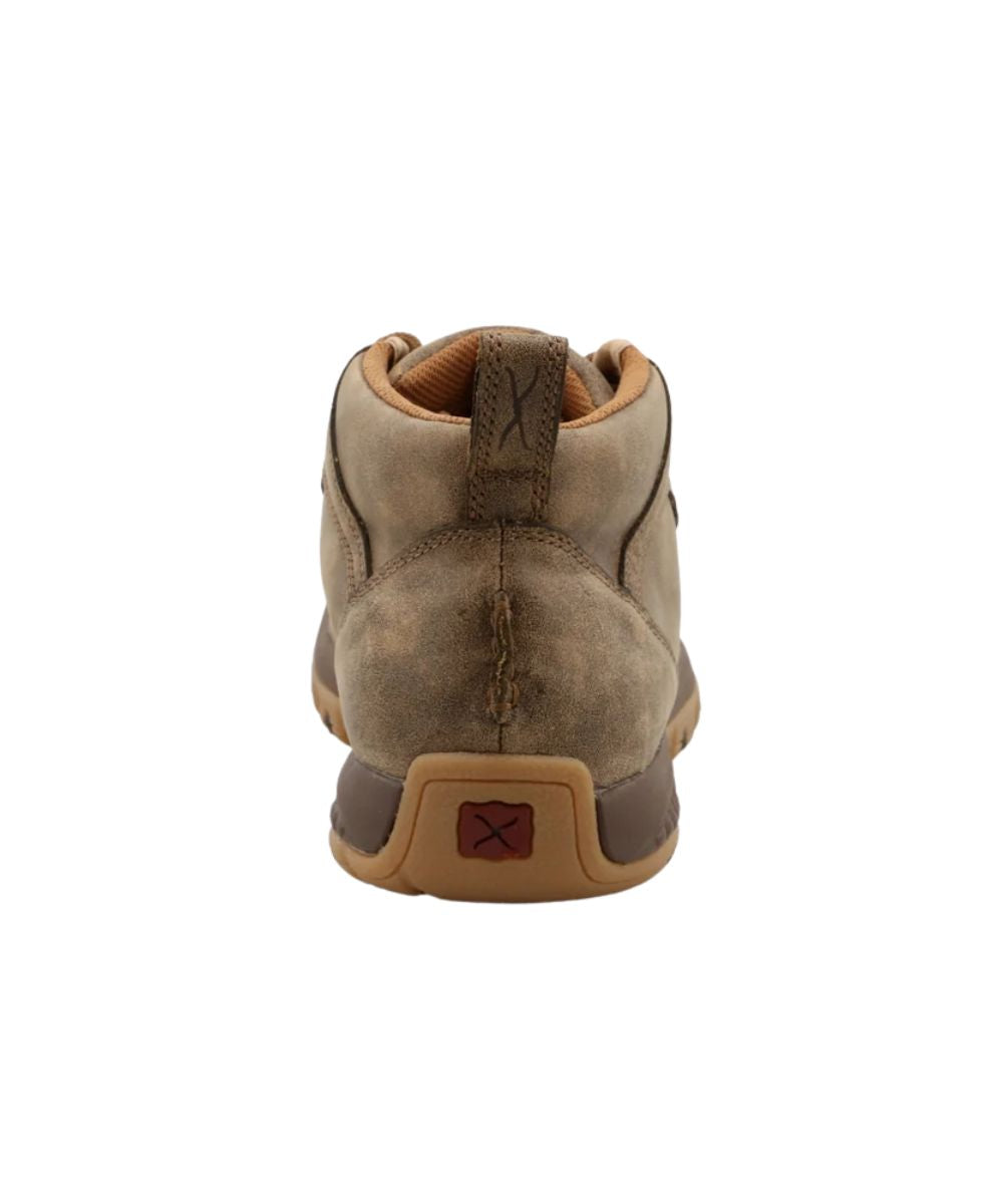 Heel view of the flat heel featuring the heel pull tab