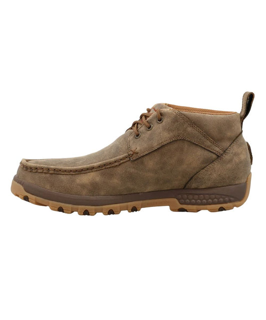 Left side view of the men's bomber brown lace-up shoe featuring the heel pull tab for an easy on