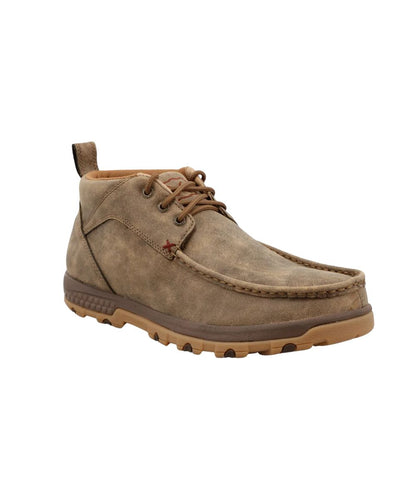 Right angled view of the men's bomber brown chukka lace up driving moc