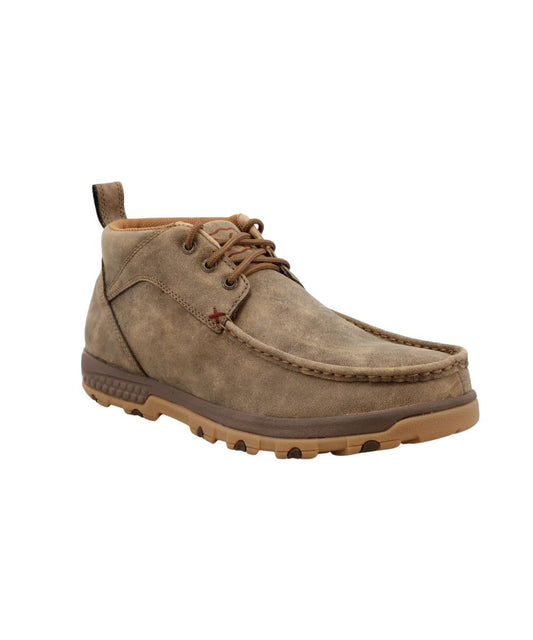 Right angled view of the men's bomber brown chukka lace up driving moc