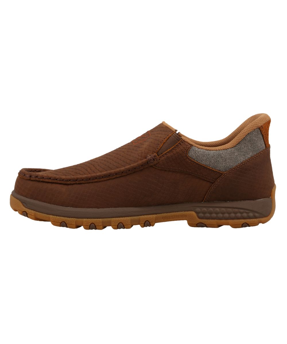 Left side view of the men's caramel brown leather driving moc shoe featuring the snake printed design