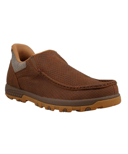 Right angled view of the men's caramel leather driving moc shoe featuring an ez slip on entry with elastic side gore panels
