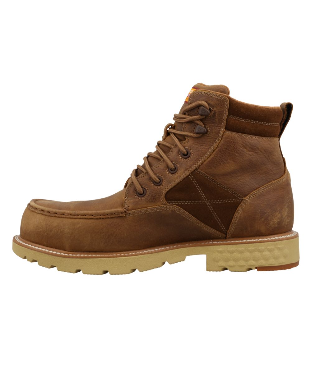 Left side view of the men's worn saddle/brown leather work boot featuring a waterproof lining