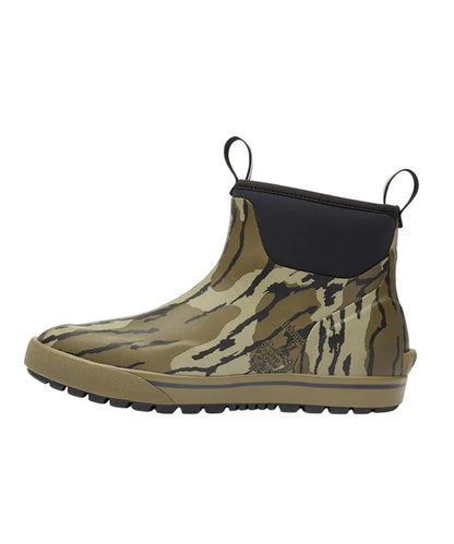 Left side view of the men's 6" rubber ankle boot featuring the easy slip on entry and pull tabs for an easy on