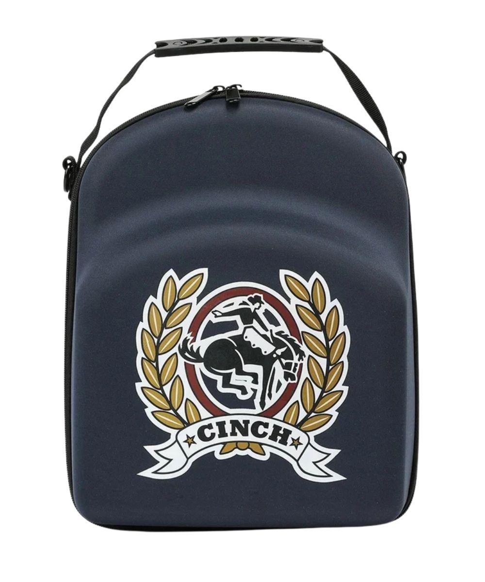 A navy blue zippered cap carrier bag with a black handle and a large front graphic featuring a horse rider emblem, laurel branches, and the word 'CINCH' on a white background.
