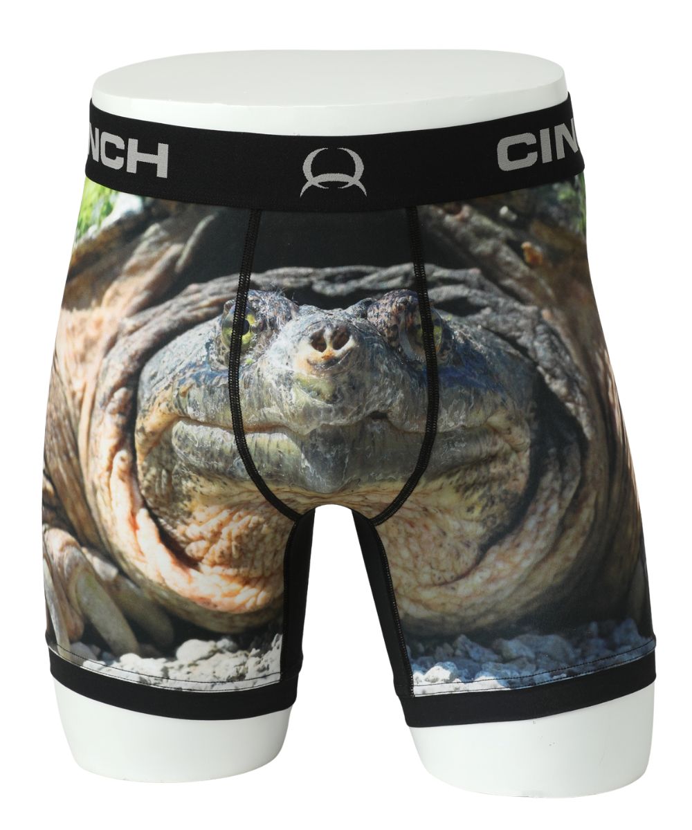 Front view of the men's 6" black multicolored turtle printed boxer brief