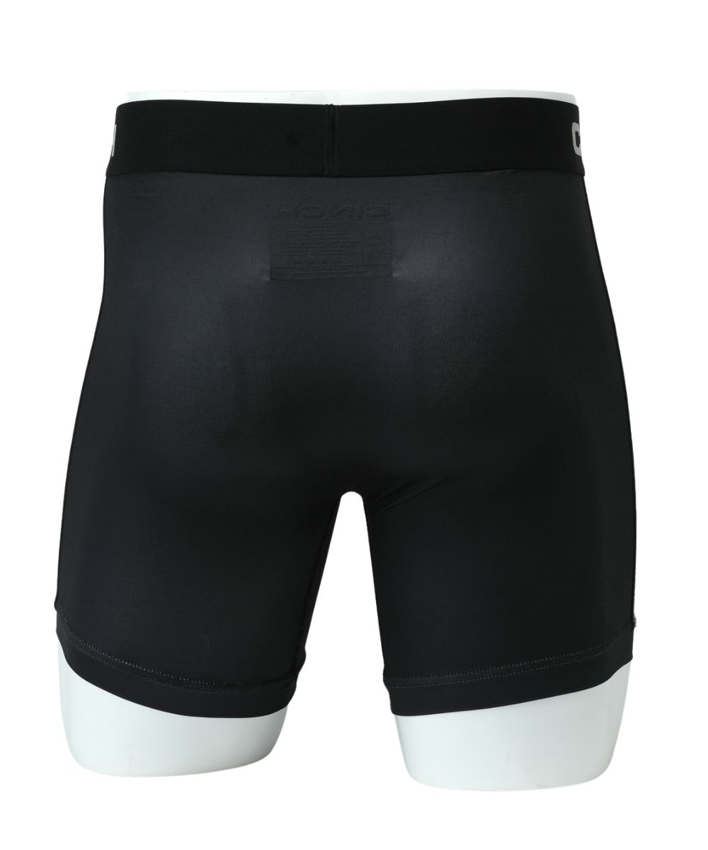 Back view of the men's 6" jackpot boxer briefs featuring the solid black back and the lightweight moisture wicking fabric
