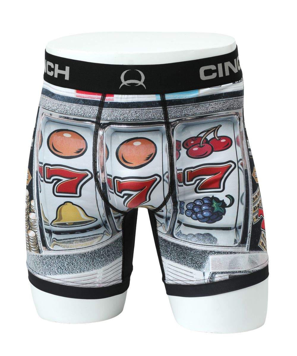 Front view of the men's 6" Cinch Jackpot Boxer Briefs featuring the slot machine jackpot graphic on the front and the jacquard logo waistband