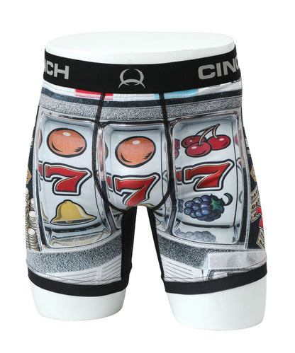 Front view of the men's 6" Cinch Jackpot Boxer Briefs featuring the slot machine jackpot graphic on the front and the jacquard logo waistband