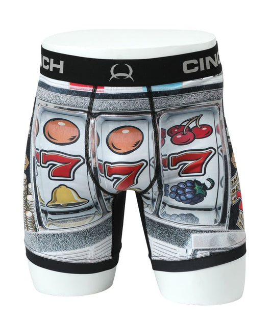Front view of the men's 6" Cinch Jackpot Boxer Briefs featuring the slot machine jackpot graphic on the front and the jacquard logo waistband
