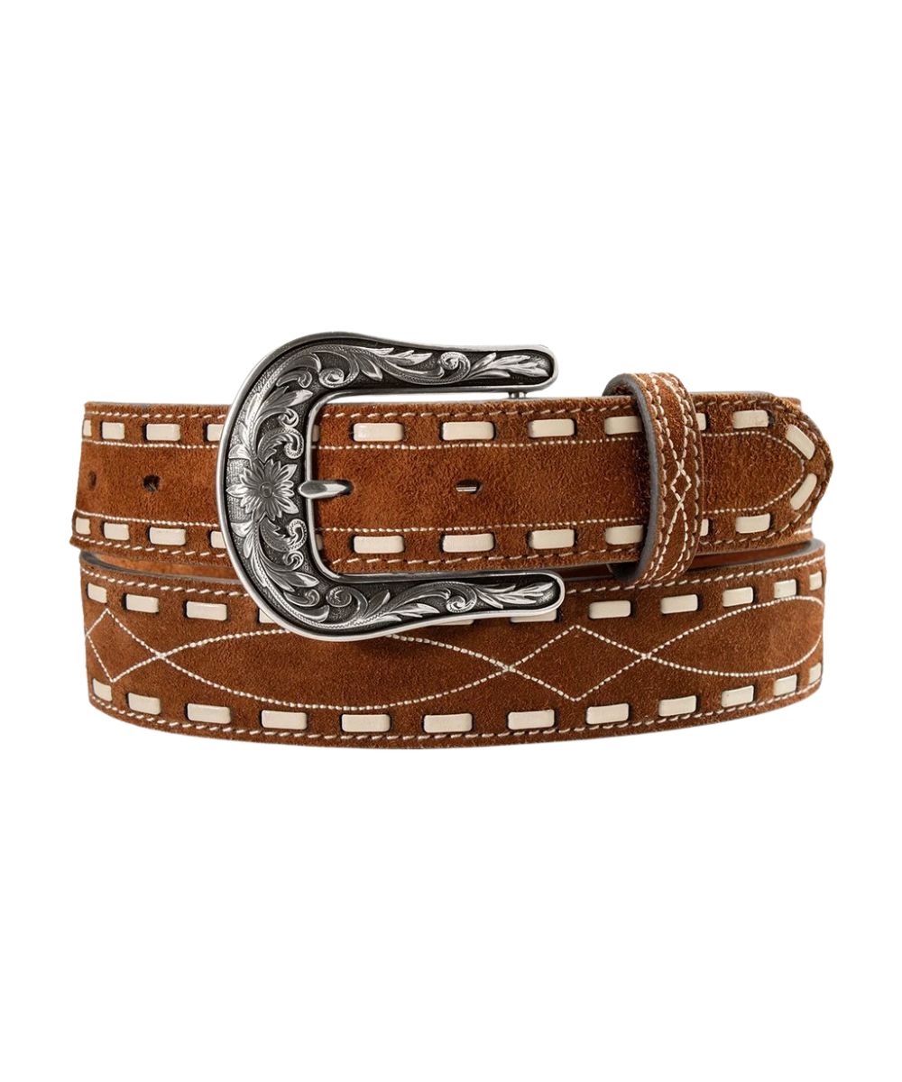 Side view of the women's rust roughout leather belt featuring a boot stitch design and white lacing