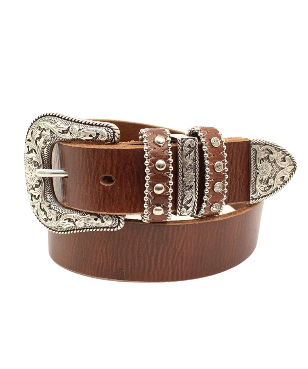 Side view of the girl's brown leather belt featuring a triple leather keeper and silver accents
