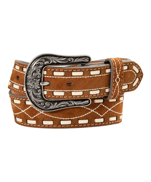 Girl's Rust Tan Roughout Leather Belt With White Stitching And Lacing