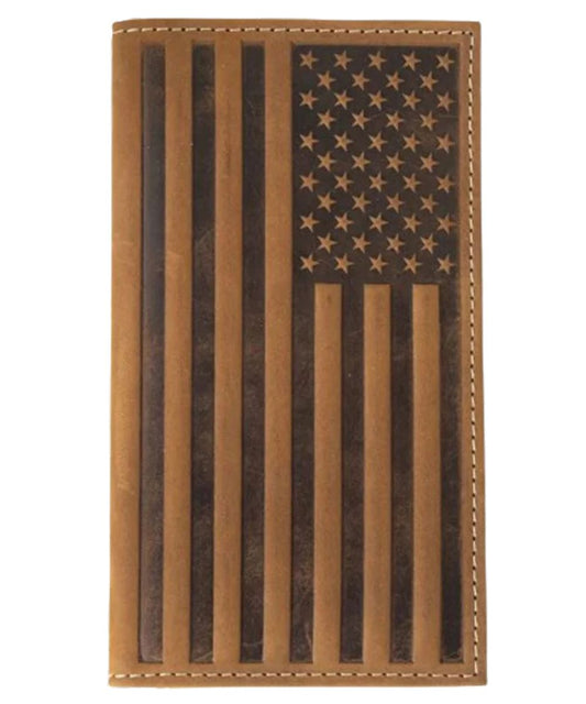 Men's Brown Leather Rodeo Wallet With An American Flag Embossed Deisgn