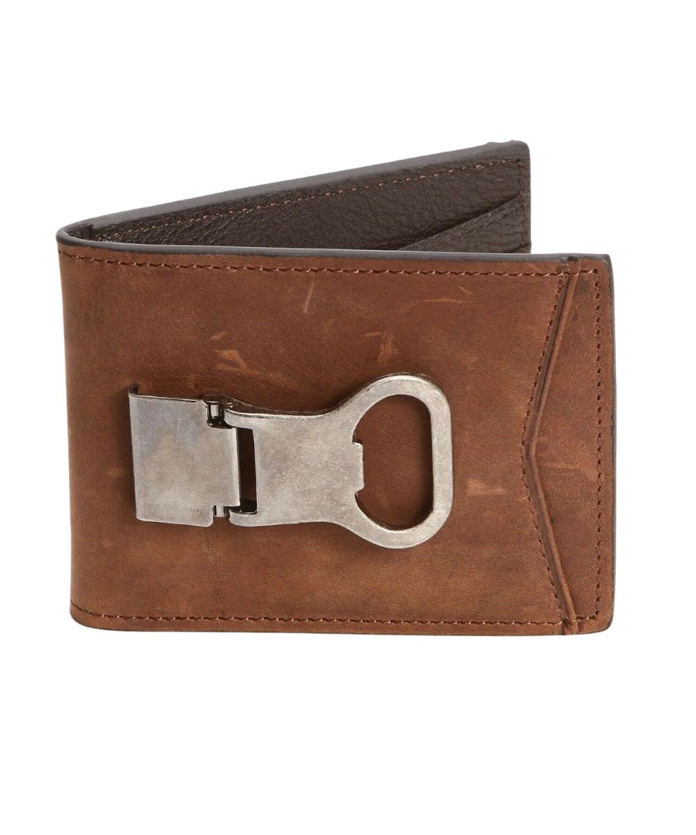 Men's Brown Leather Bifold Wallet With A Bottle Opener Money Clip And Money Slot On The Front
