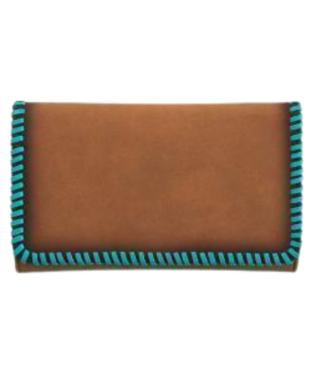 Front view of the women's tan faux leather wallet featuring turquoise leather laced edges