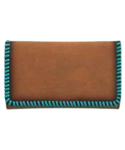 Front view of the women's tan faux leather wallet featuring turquoise leather laced edges