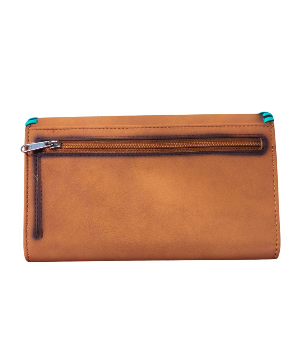 Back view of the women's faux leather wallet featuring a zipper pocket on the back