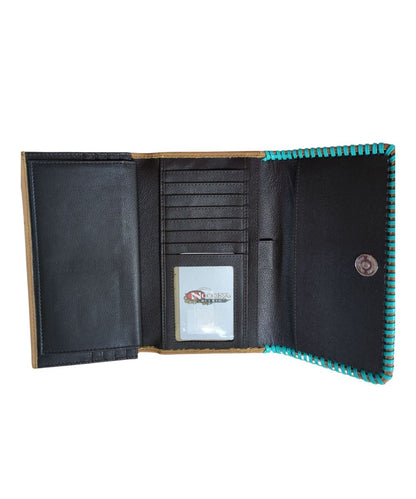 Inside view of the women's tan wallet featuring multiple card and cash slots inside, a checkbook holder, ID window, and magnetic closure