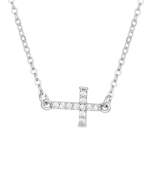 Front view of the women's silver cross necklace featuring the clear cubic zirconia crystals