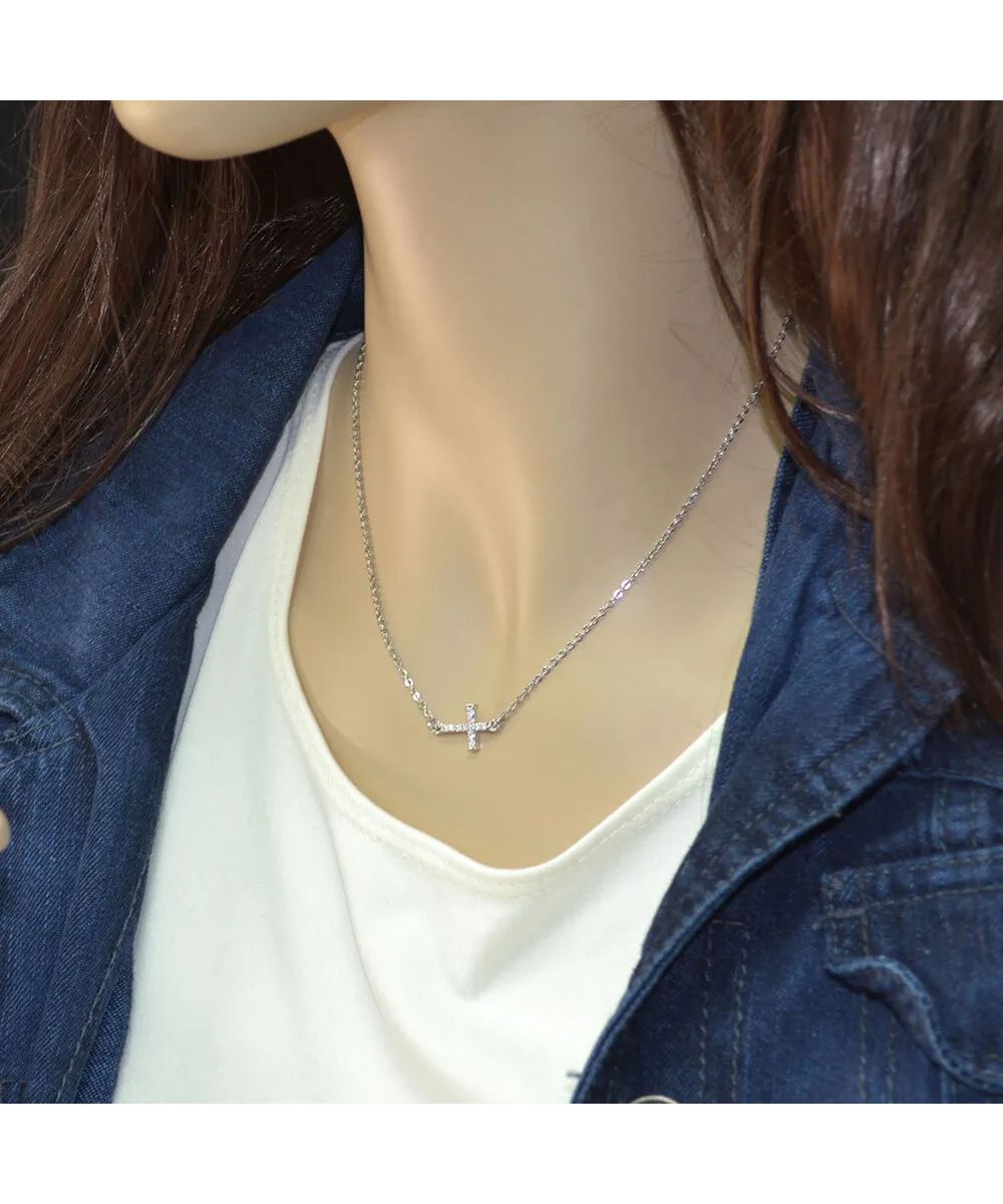 Model view of the women's Quiet Faith, Tiny Crystal Cross Choker Necklace by Montana Silversmiths