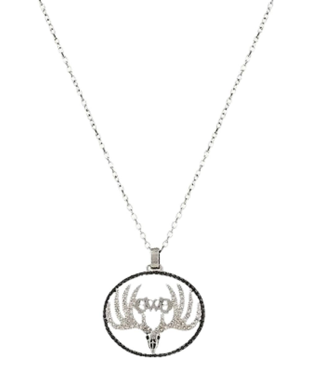 Front view of the women's GWG buck logo necklace featuring the cubic zirconia crystal accents