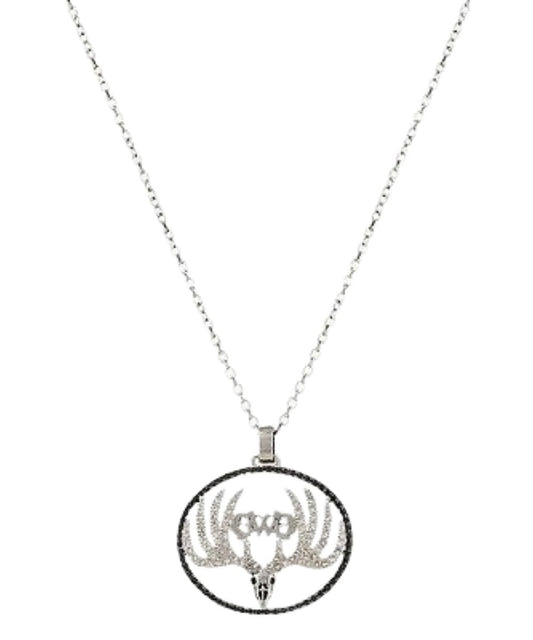 Front view of the women's GWG buck logo necklace featuring the cubic zirconia crystal accents
