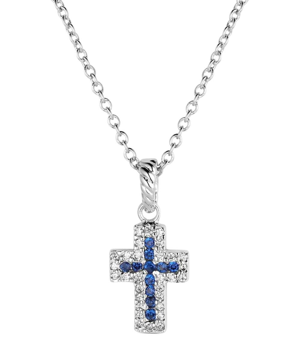 Women's Silver Necklace With A Cross Shaped Pendant Filled With Clear And Blue Cubic Zirconia Crystals