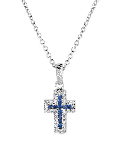 Women's Silver Necklace With A Cross Shaped Pendant Filled With Clear And Blue Cubic Zirconia Crystals