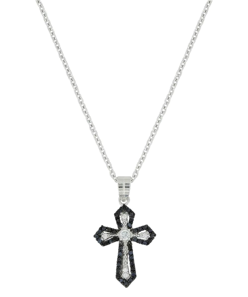 Front view of the women's silver tone cross necklace featuring the black and white design with cubic zirconia crystals
