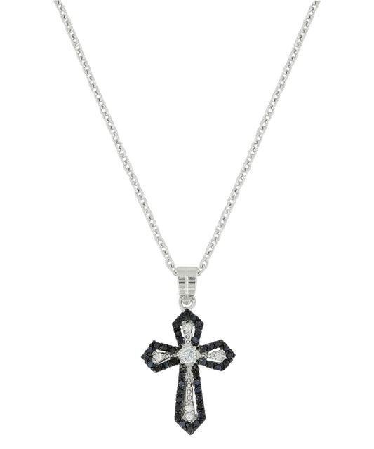 Front view of the women's silver tone cross necklace featuring the black and white design with cubic zirconia crystals