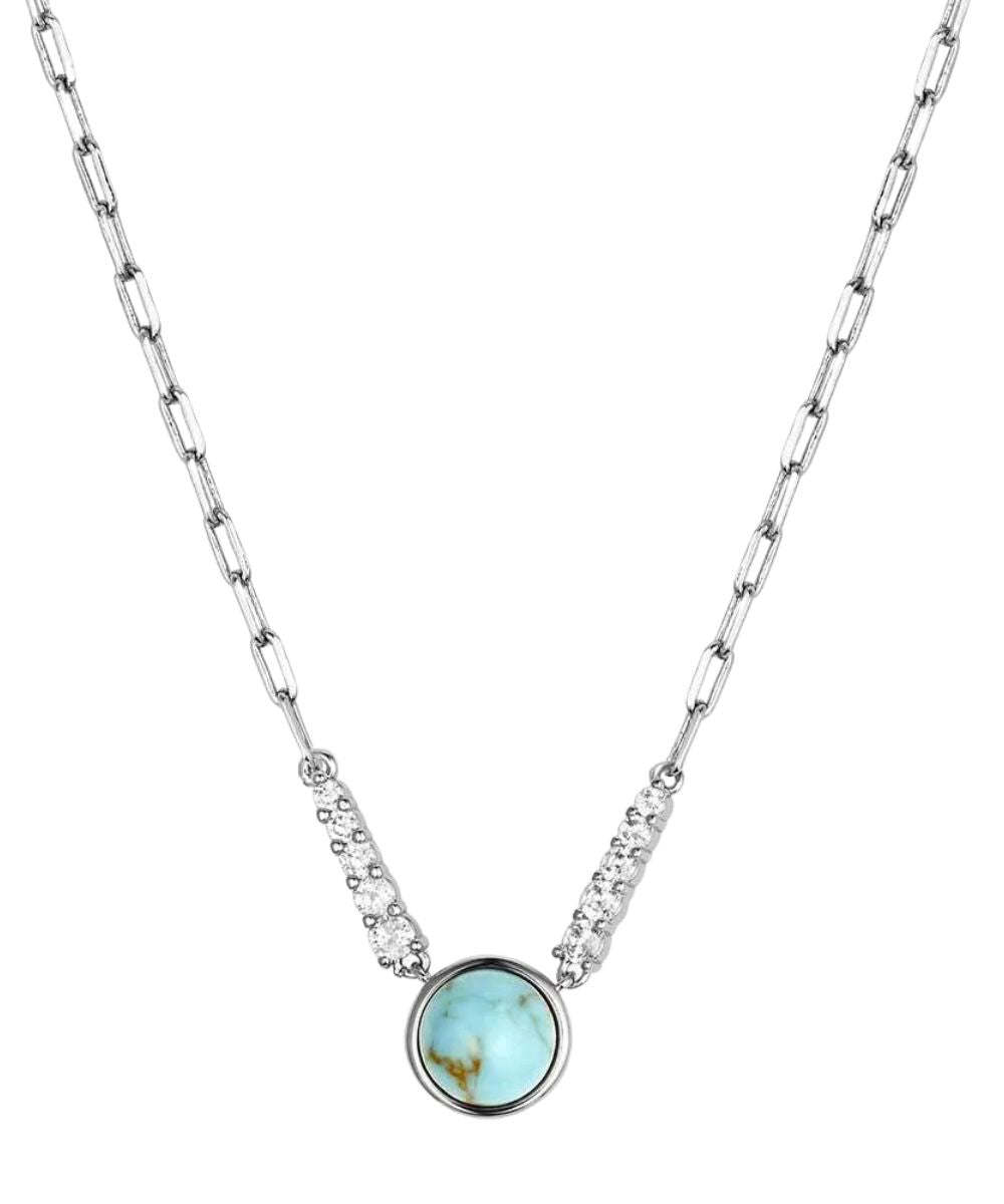 Women's Silver Necklace With Crafted Turquoise Stone Pendant And Cubic Zirconia Crystal Accents On A Paperclip Chain