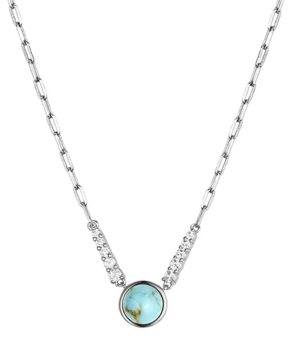 Women's Silver Necklace With Crafted Turquoise Stone Pendant And Cubic Zirconia Crystal Accents On A Paperclip Chain