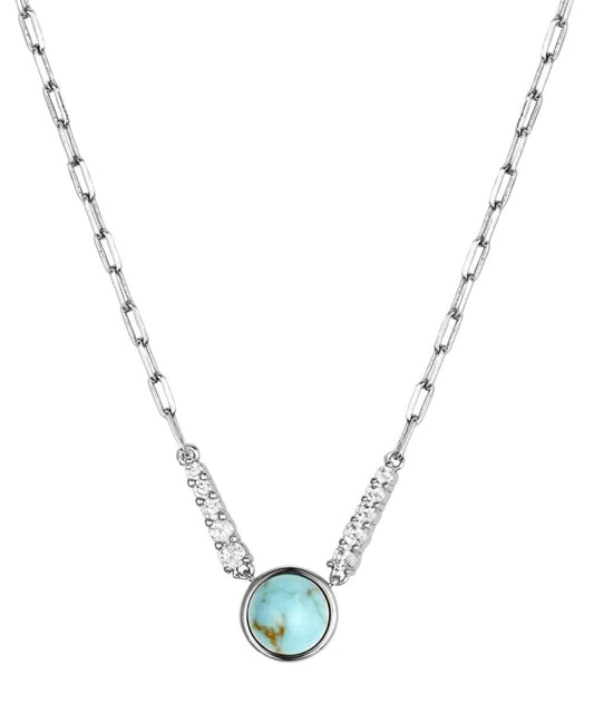 Women's Silver Necklace With Crafted Turquoise Stone Pendant And Cubic Zirconia Crystal Accents On A Paperclip Chain