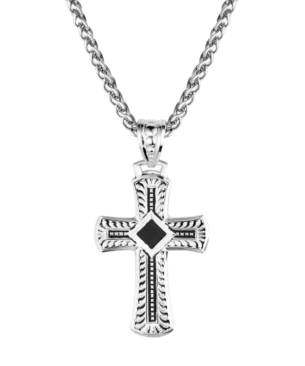 Men's Silver Cross Necklace With A Dark Square Center And Black Painted Accents