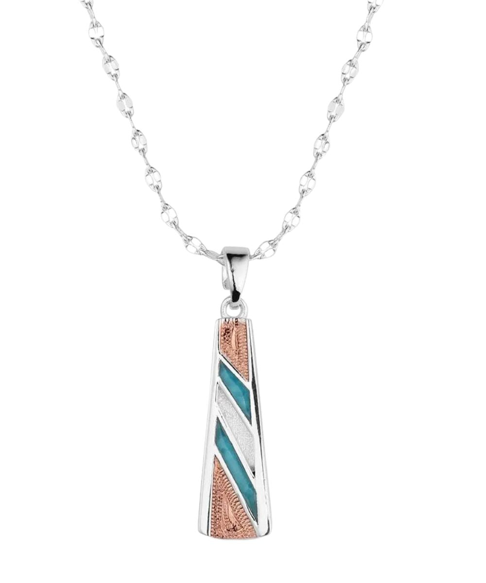 Women's Silver Tone Chain And Pendant Necklace Featuring Crafted Turquoise And Rose Gold Accents