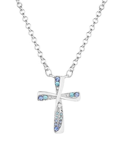 Women's Silver Tone Necklace Featuring A Cross Shaped Pendant With Cubic Zirconia Clear And Blue Crystals