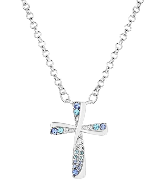 Women's Silver Tone Necklace Featuring A Cross Shaped Pendant With Cubic Zirconia Clear And Blue Crystals