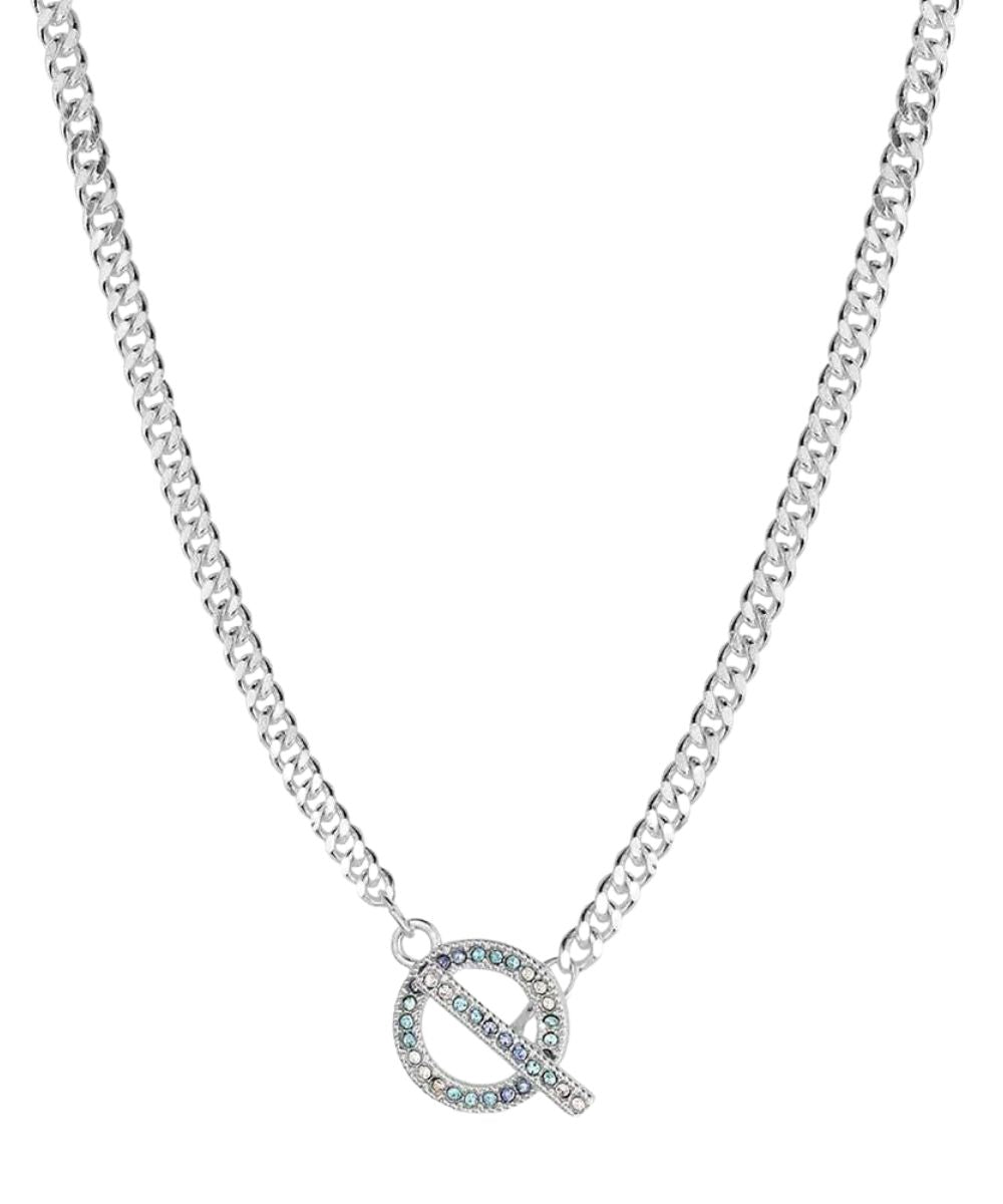 Women's Silver Tone Chain Necklace With Unique Toggle Closure Pendant Featuring Cubic Zirconia Crystals