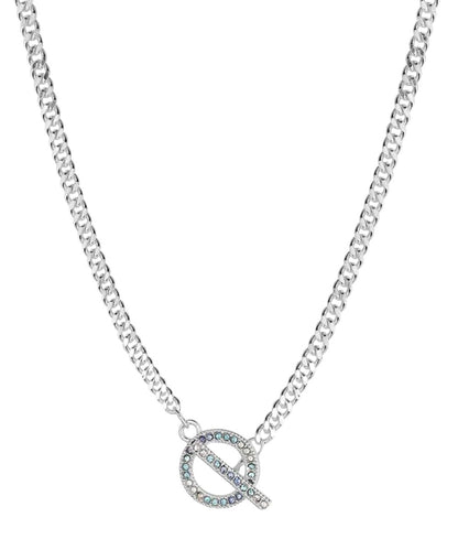 Women's Silver Tone Chain Necklace With Unique Toggle Closure Pendant Featuring Cubic Zirconia Crystals