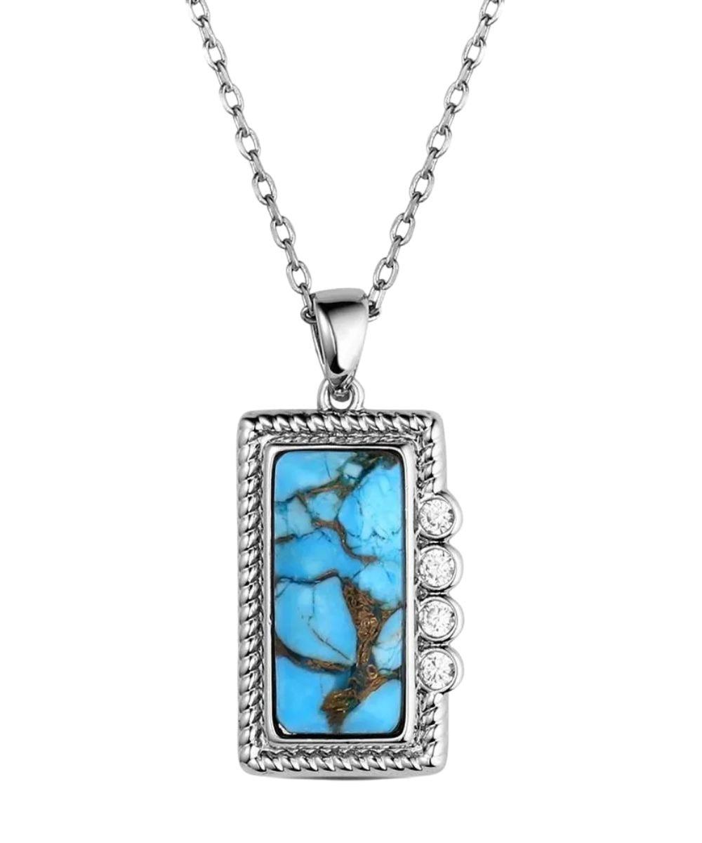 Women's Silver Necklace Featuring A Rectangular-Shaped Crafted Turquoise Pendant With Cubic Zirconia Accents