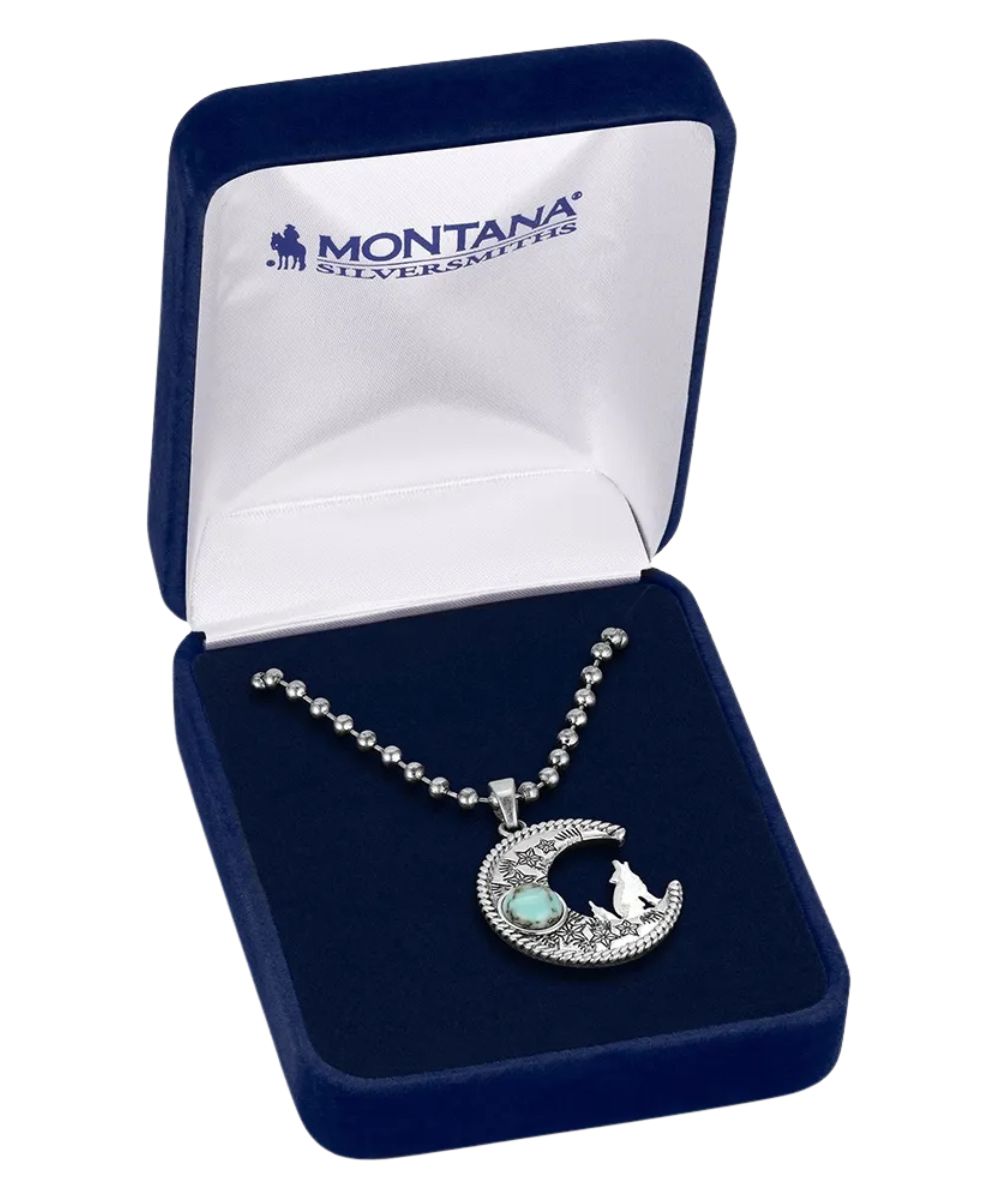 Boxed view of the women's coyote moon turquoise necklace