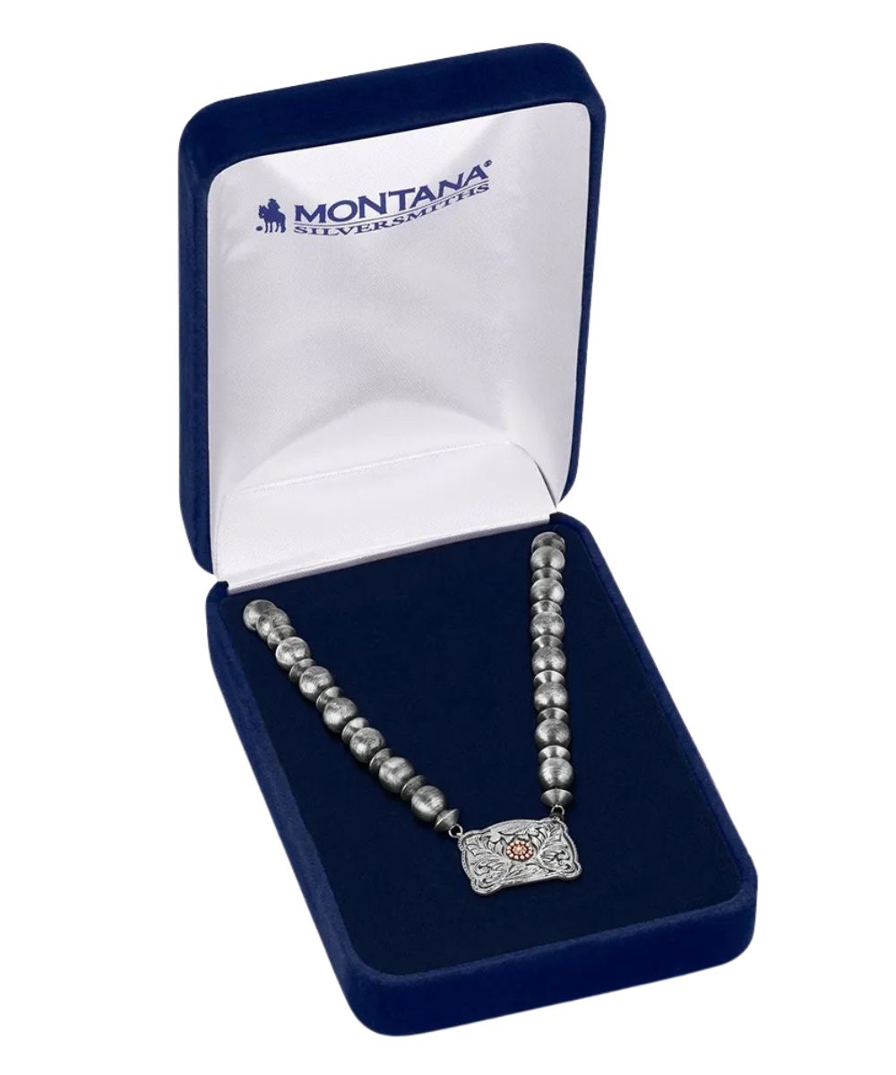 Boxed view of the women's cowgirls pearls buckle necklace
