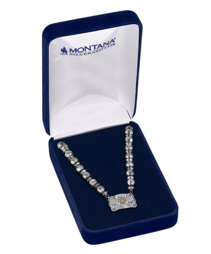 Boxed view of the women's cowgirls pearls buckle necklace