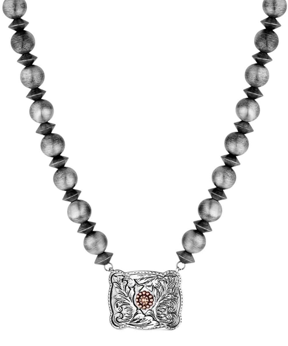 Front view of the women's pearl beaded silver necklace featuring the buckle pendant with a rose gold flower