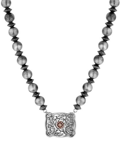 Front view of the women's pearl beaded silver necklace featuring the buckle pendant with a rose gold flower
