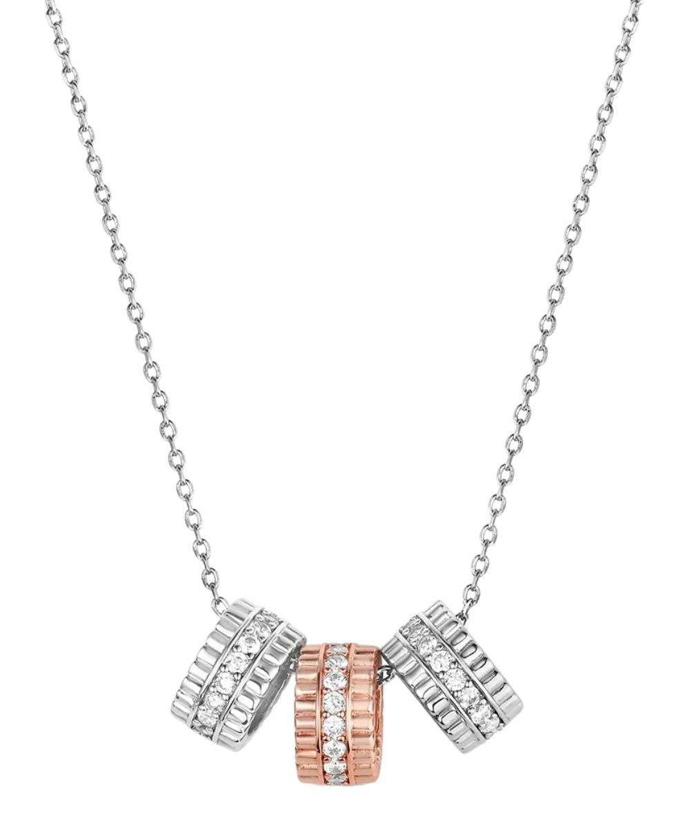 Front view of the women's silver and rose gold ring pendant necklace