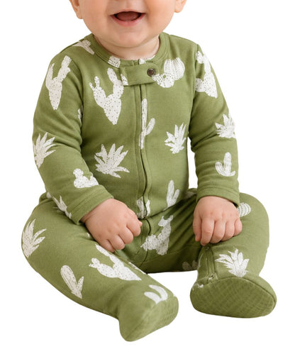 Sage Green Unisex Infant Footie Onesie Featuring A Two-Way Zip Closure And A Cactus Print