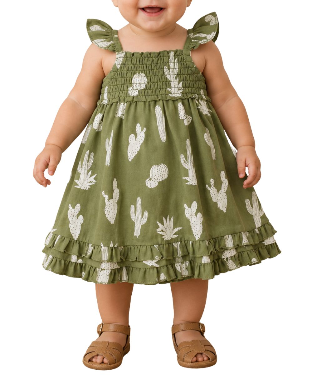 Infant Girl's Sage Green Dress Featuring Fluttered Tank Straps, A Smocked Chest, And Tiered Ruffle Skirt